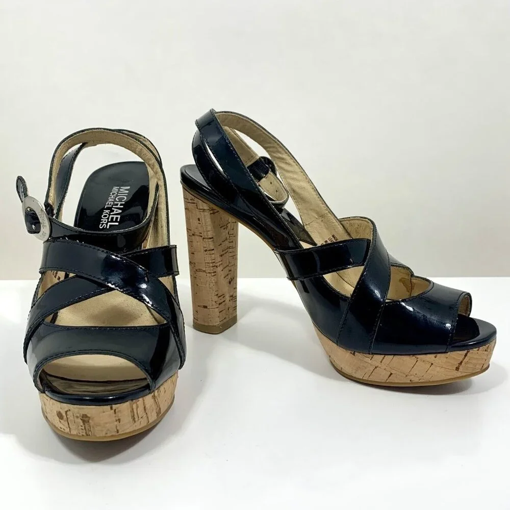 Michael Kors MK Black Patent Leather Strappy Cork Heels Women's Size 6M